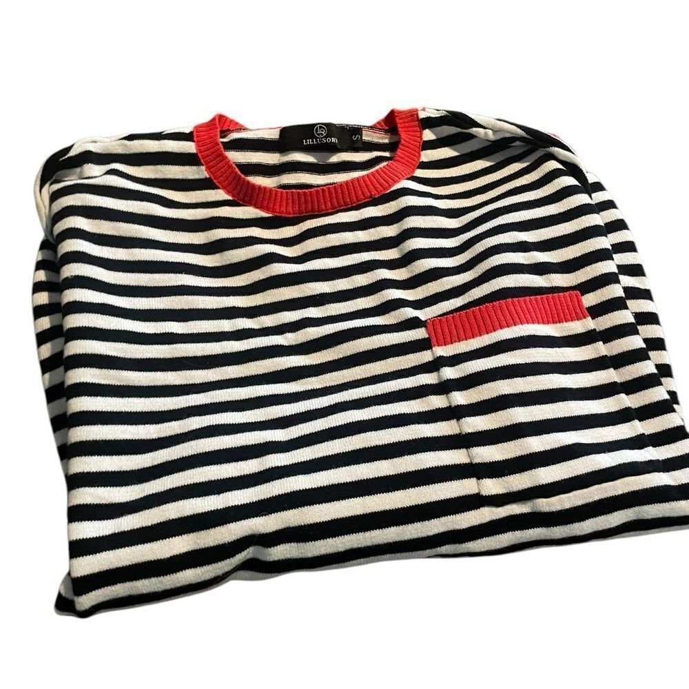 Illusory size small Black and White Striped Sweater with Red Accents excepted